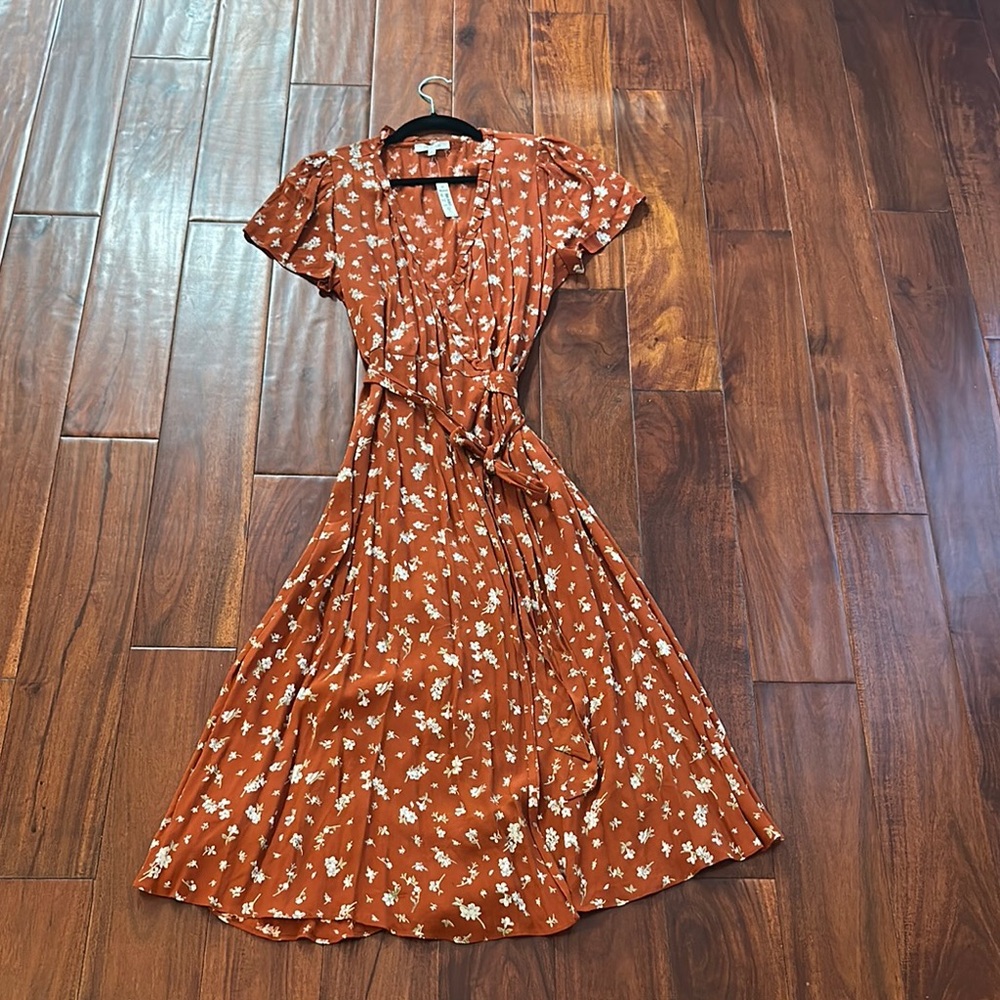 Madewell Brown and Orange Flutter Sleeve Midi Sundress